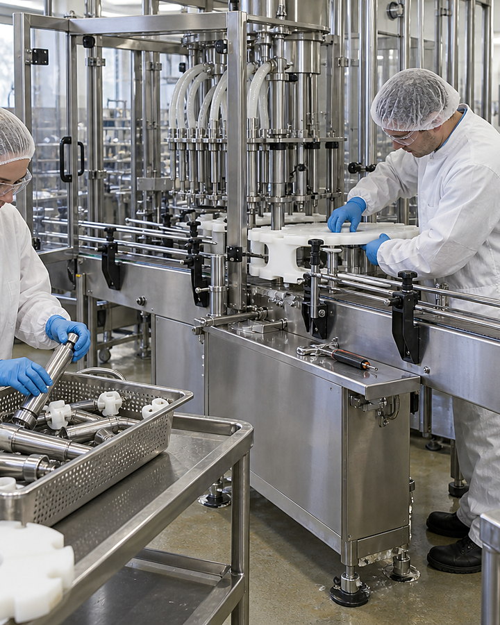 Technicians carrying out a controlled hygienic filling-line changeover.
