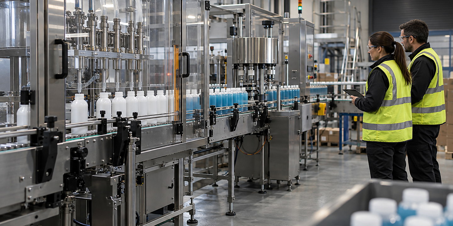 A guarded powder pouch line in production with hopper, dosing station, local dust extraction and sealed pouches on discharge.